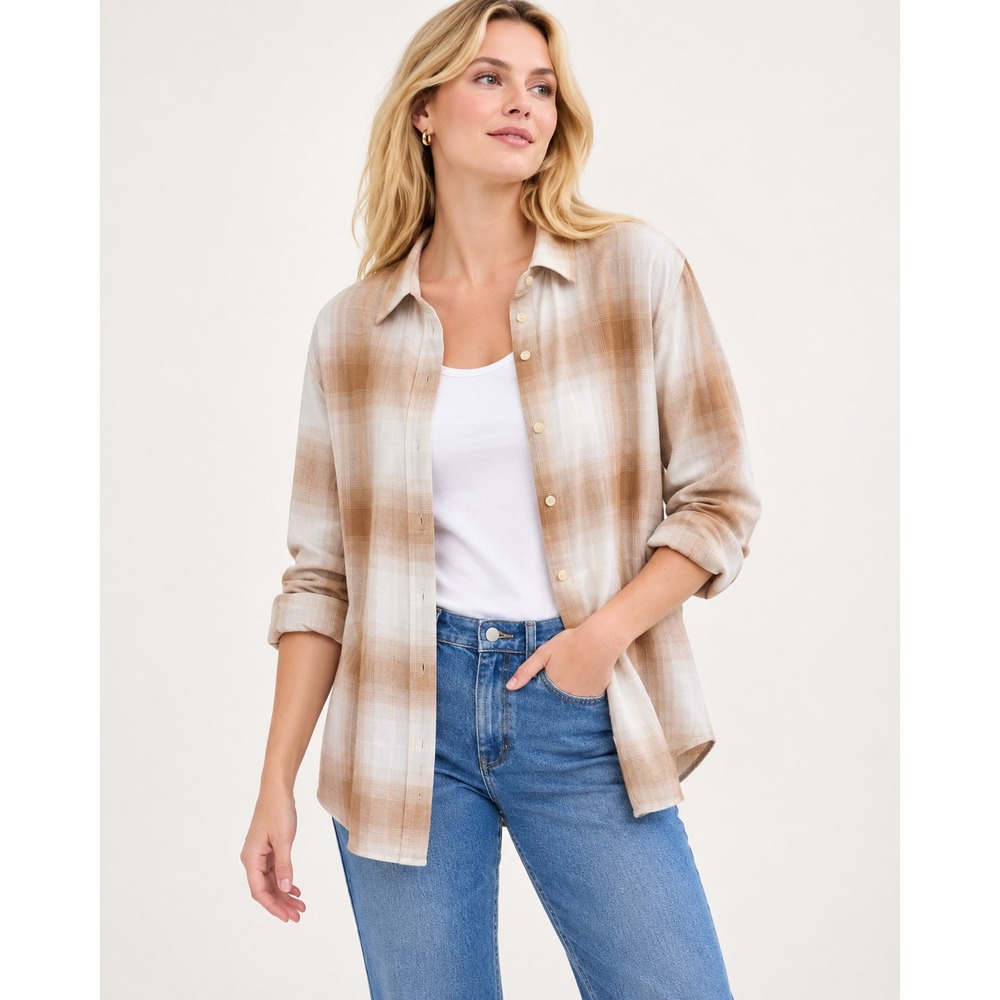 Gap Womens M Beige Plaid Button Down Shirt Relaxed Fall Casual Long Sleeve